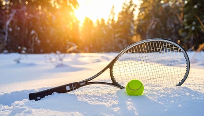 A tennis racket and ball rest on snowy ground at sunrise, blending summer sport with winter stillness.