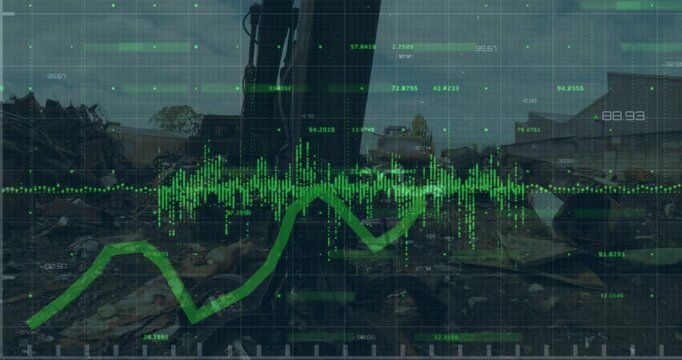 Animation of statistical data processing over grid network against crane operating at junkyard