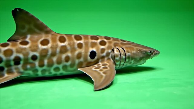 Close-up side view of a leopard shark or similar patterned shark with brown and dark spots against a vibrant green background.