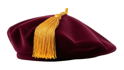 Isolated doctorate cap in burgundy with gold tassel, academic graduation ceremony object