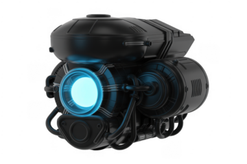 Black futuristic robot with blue light technology isolated on a transparent background