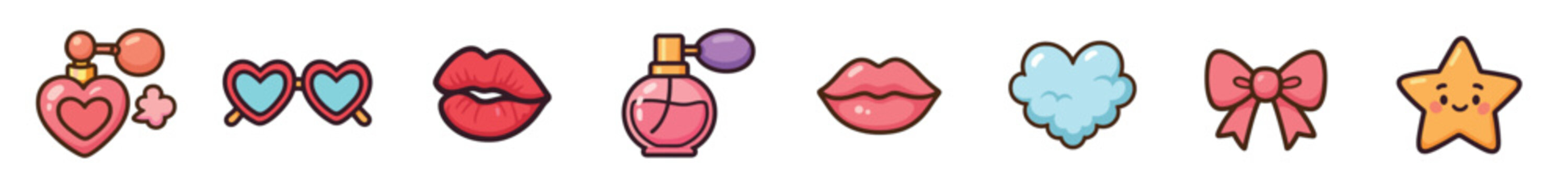 Set of cute cartoon girly icons including perfume bottles, lips, heart sunglasses, a bow, a cloud, and a smiling star, rendered in a colorful flat vector illustration style