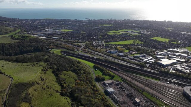 Aerial Drone View of the Eurotunnel Channel Tunnel Terminal, Folkestone