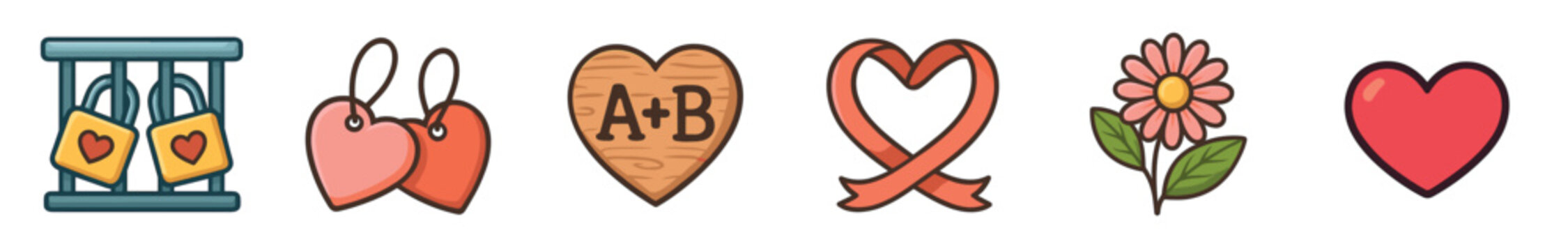 Set of six love-themed icons featuring padlocks on a gate, heart tags, a wooden heart with initials, a ribbon, a flower, and a simple heart in a cute cartoon style