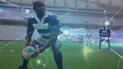 Animation of network of connections over african american male rugby player throwing a rugby ball