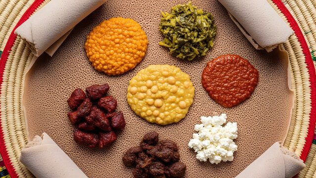 Ethiopian Injera with Vegetable and Meat Dishes on Woven Basket Platter