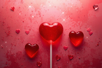 Banner. Red Lollipop on a pink background. Red hearts. Love concept. Valentine's Day.