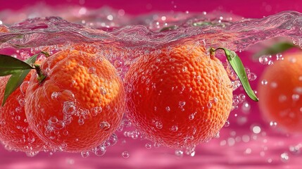 Oranges Submerged in Water with Bubbles Against Pink Background