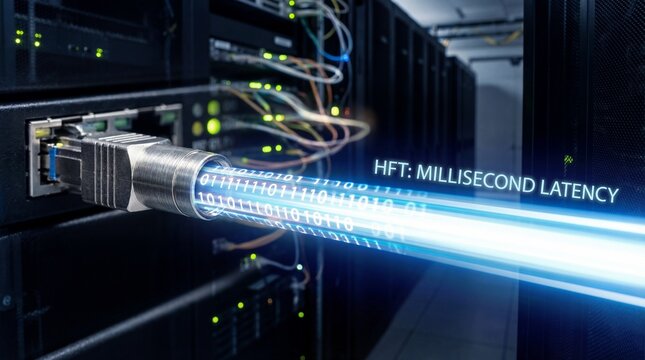 High Frequency Trading HFT concept with fiber optic cable showing millisecond latency in a data center server room.
