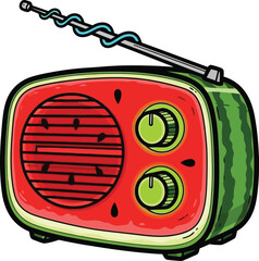 Vintage portable radio disguised as watermelon fruit with antenna for music listening concept