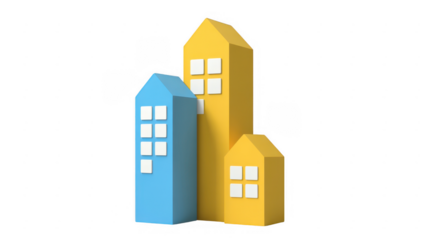 Colorful 3D houses 3D houses blue isolated on a transparent background