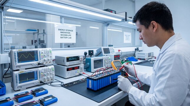 Male scientist testing a blue rechargeable battery module with advanced equipment in a research lab.