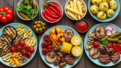 Assortment of Grilled Vegetables and Sides on Wooden Table, Healthy Summer Meal