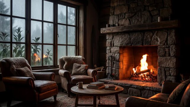 Cozy Living Room Interior with Burning Fireplace and Rainy Window, Generative AI