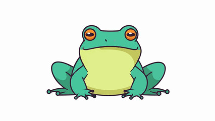 Fototapeta premium A cute cartoon frog with big orange eyes and a friendly smile sits on a white background