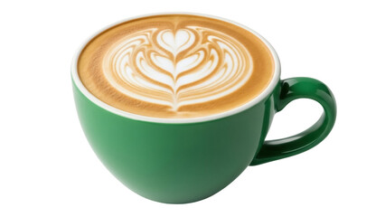 Isolated cappuccino in a green cup with latte art featuring a delicate floral design