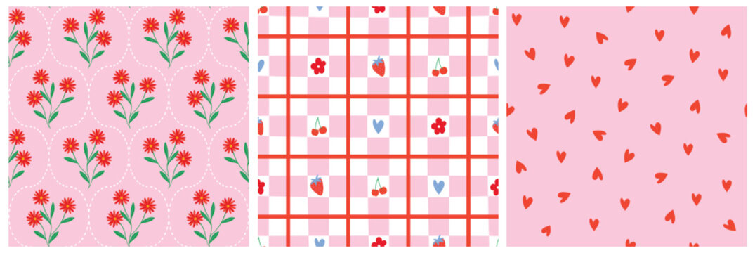 Romantic seamless patterns with hand-drawn flowers, hearts, cherries, and checkered backgrounds in pink and red, ideal for Valentine&rsquo;s, fabric, gift wrap, scrapbooks, template backdrop, kids prints.