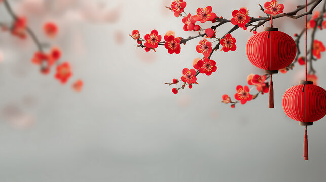A serene scene of red lanterns hanging from a blooming cherry blossom tree branch against a soft gray background