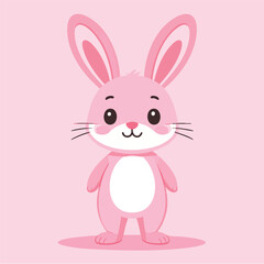 Obraz premium Cute cartoon pink bunny standing on pink background with big eyes and smiling face happily