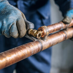 Professional plumber installing copper pipes with a pipe wrench at an indoor renovation site. Precise manual work, visible safety equipment, and technical environment captured in natural daylight,