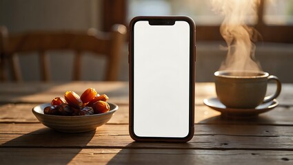 Smartphone with blank screen on wooden table with coffee and fruit.
