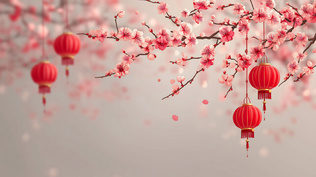 A serene scene of red lanterns hanging from a blooming cherry blossom tree with pink flowers and petals falling gently in the air.