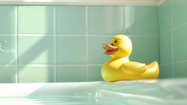 Yellow rubber duck in bathtub filled with water, light reflecting on tiles