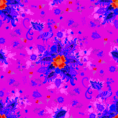 A red rose, a fairy bird, and a lush bouquet of flowers on a bright fuchsia background. Seamless festive pattern. 