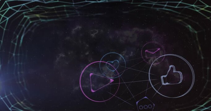 Animation of network of connections with icons over globe and grid