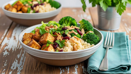 Healthy Vegan Buddha Bowl with Tofu, Broccoli, Couscous, Cranberries and Almonds on Wooden Table