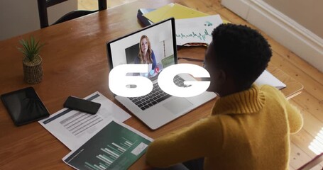Animation of 6g text banner over african american woman having a video call on laptop at home - Powered by Adobe