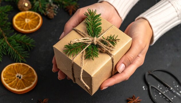 Hands holding a beautifully wrapped gift box with festive decorations, perfect for Christmas or any special occasion.