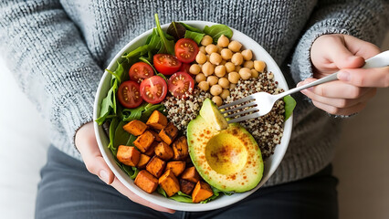 Person holding a vibrant healthy vegan buddha bowl with fresh vegetables and grains