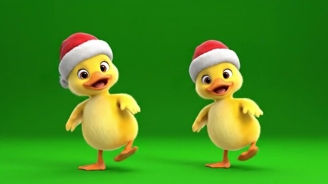 Joyful Chicks in Festive Attire: Two adorable chicks donned in charming Santa hats prance merrily, epitomizing the festive spirit and childlike wonderment.