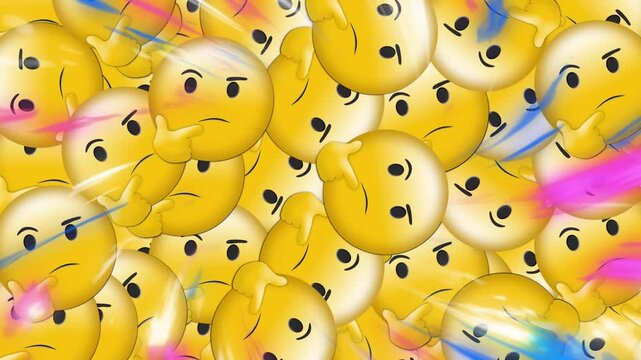 Digital animation of multiple face emojis floating over sale text against glowing tunnel