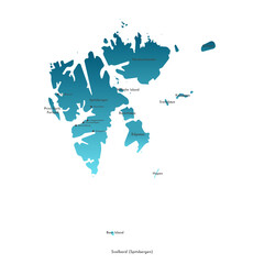 Obraz premium Vector modern isolated illustration. Simplified administrative map of Svalbard. Names of cities and main islands of Norwegian archipelago