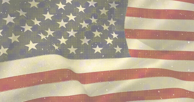 Animation of snow falling over shapes and flag of usa