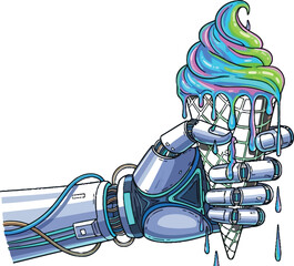 Illustration of futuristic robot arm holding melting ice cream cone with vibrant green blue pink swirl toppings dessert food