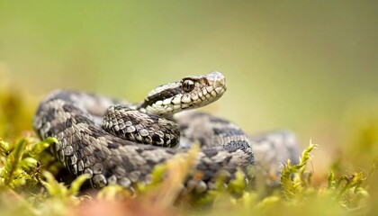 Fototapeta premium European adder basking in the sun on a mossy patch.
