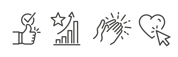 set icons of popularity, applaud, approve, like choice, social media interaction, applause,  recommend, line vector art on white