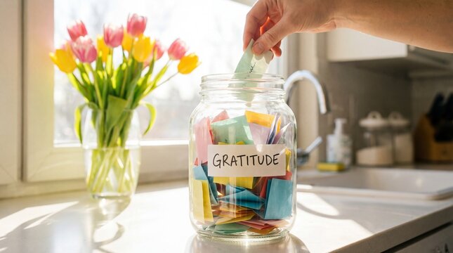 Practicing daily gratitude by adding a thankful note to a glass jar in a sunny kitchen.