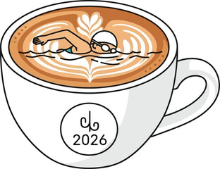 Line art illustration of swimmer doing freestyle stroke in latte foam coffee art with decorative heart shapes in white mug 2026 logo