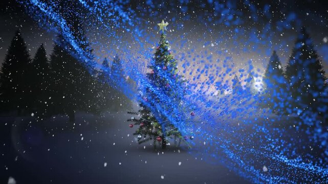Animation of blue mesh over christmas tree and snow falling in winter scenery