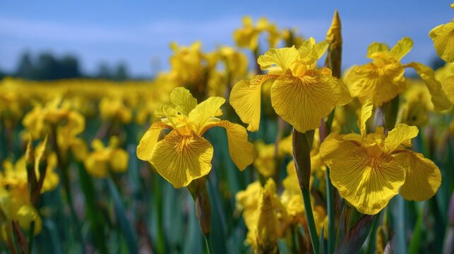 Vibrant yellow iris flowers in bloom against a clear blue sky