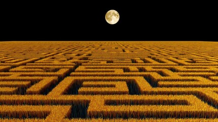 Navigating the Labyrinth: An intricate maze stretches towards the horizon, beneath a solitary, glowing moon, offering a sense of challenge, exploration, and the journey of discovery.