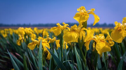 Fototapeta premium Vibrant yellow irises blooming in a serene field on a clear day