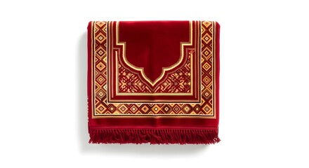 Fototapeta premium Traditional Red Prayer Rug with Intricate Golden Islamic Pattern