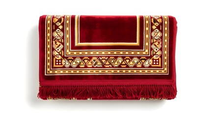 Elegant Red Velvet Clutch Bag with Golden Embroidery and Fringe on White
