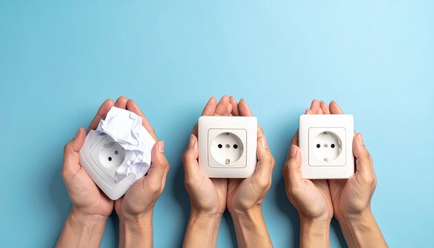 Hands Holding Electrical Outlets and Crumpled Outlet on Blue Background.