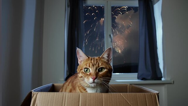 Curious cat in box observes vibrant fireworks display through window at night
